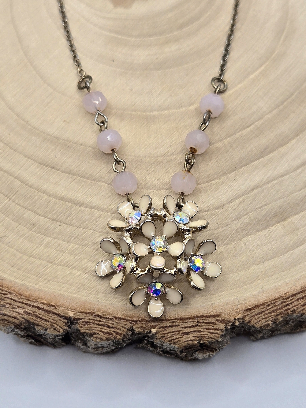 Vintage Floral Pendant Necklace | Pink Faceted Beads | AB Rhinestone